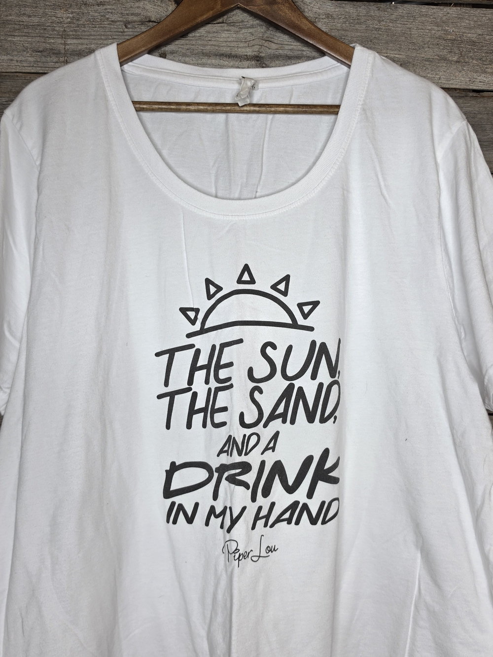 White Graphic Tee with Black Writing - 'The Sun The Sand'
